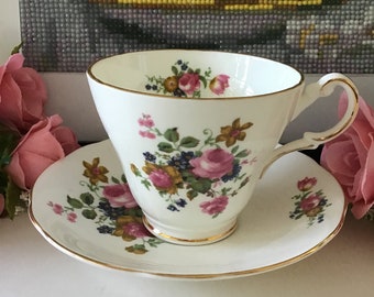 Vintage Royal Patrician Fine Bone China Teacup and Saucer/Pink Floral/Baby Shower/Bridal Shower