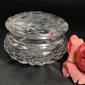 Vintage Round Cut Glass Vanity Powder Jar With Lid / Jewelry Holder With Lid / Candy Jar