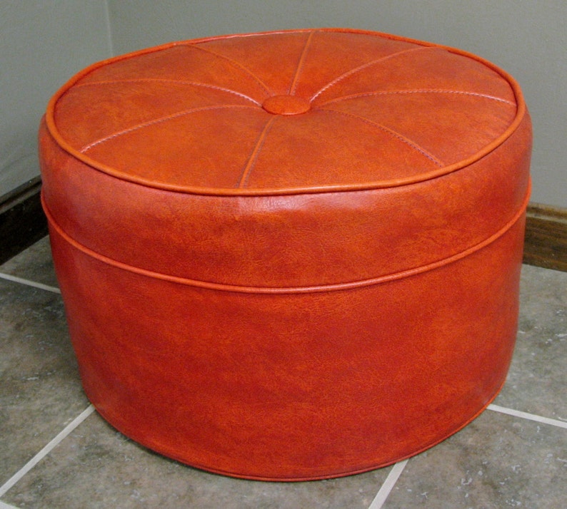 Vintage Mid Century Modern Round Burnt Orange Vinyl Ottoman Etsy