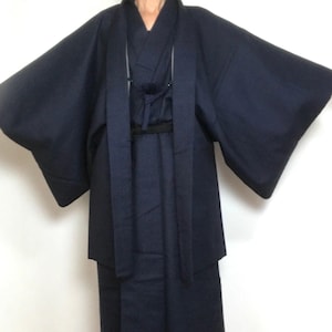 Mens Japanese Kimono Set | Robe & Haori | Wool Blend | Blue Vintage Dressing Gown and Jacket | Size M | VIDEO
