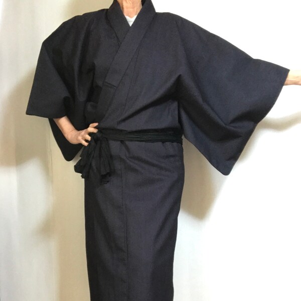 Mens Kimono Robe Blue Wool Blend Japanese Vintage Dressing Gown Size M - FREE International Express Shipping