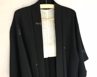 Black Silk Haori Kimono Jacket Metallic Sea Kelp Pattern Woman’s Vintage Cardigan Robe Size L