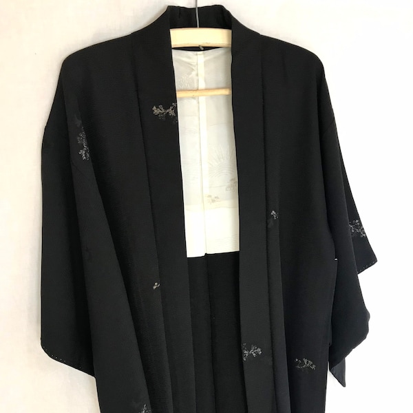 Black Silk Haori Kimono Jacket Metallic Sea Kelp Pattern Woman’s Vintage Cardigan Robe Size L