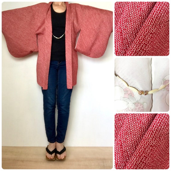 Shibori Silk Haori Kimono Jacket Red Excellent Vi… - image 1