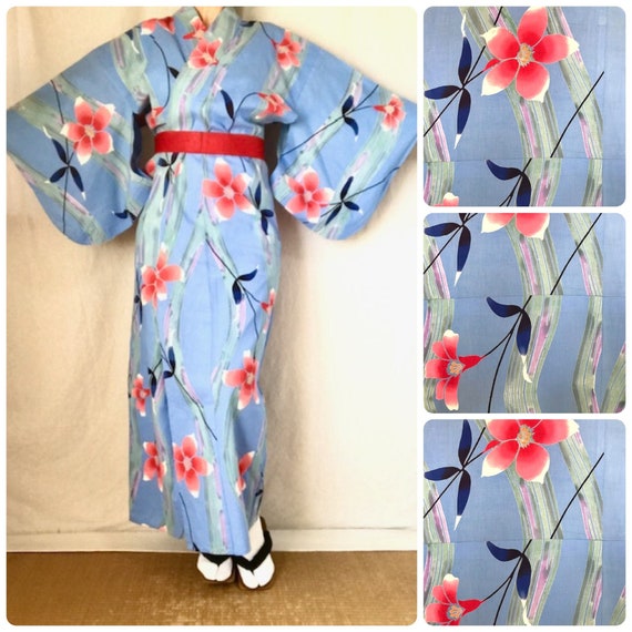 Yukata Kimono Dress Japanese Pale Blue Floral Cot… - image 1