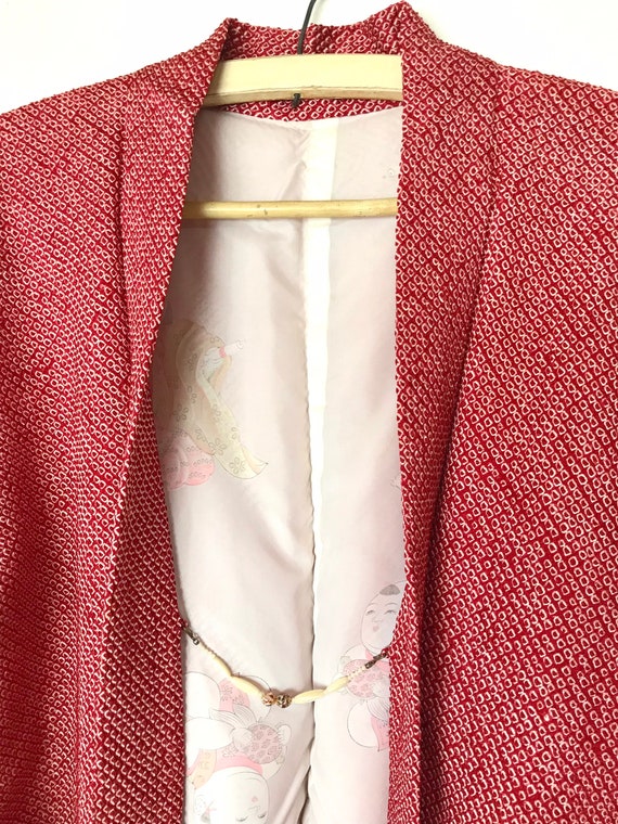 Shibori Silk Haori Kimono Jacket Red Excellent Vi… - image 8
