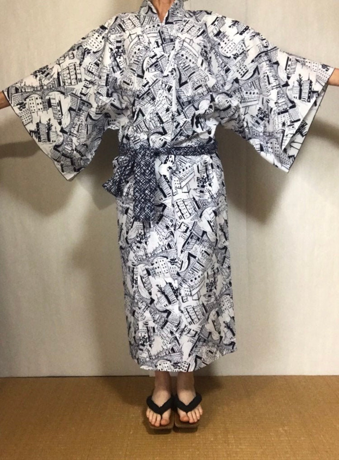 Japanese Kimono Robe Men's Cotton Yukata Blue White Etsy