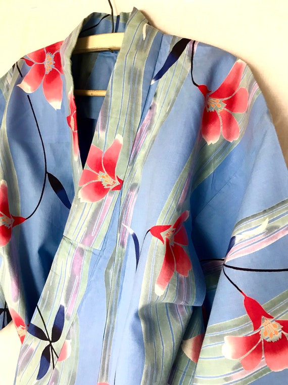 Yukata Kimono Dress Japanese Pale Blue Floral Cot… - image 6