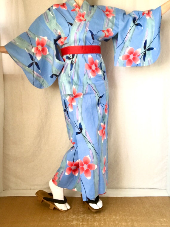 Yukata Kimono Dress Japanese Pale Blue Floral Cot… - image 2