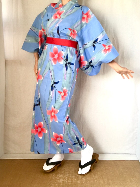 Yukata Kimono Dress Japanese Pale Blue Floral Cot… - image 3