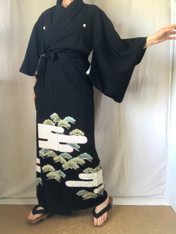 Silk Kimono Robe Black Tomesode Japanese Pines & Clou… Gem