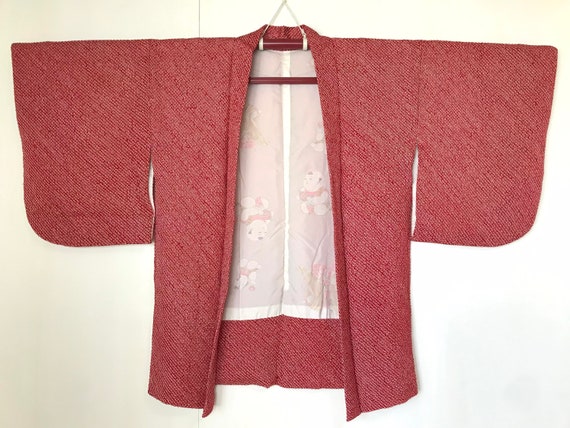 Shibori Silk Haori Kimono Jacket Red Excellent Vi… - image 7