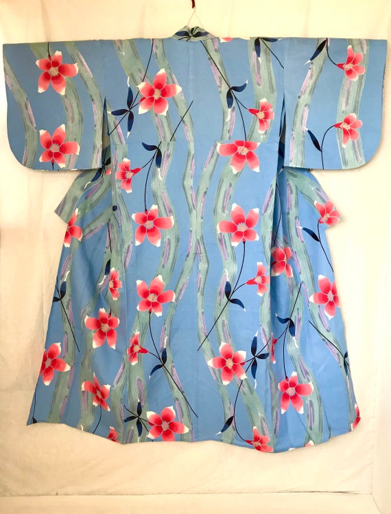 Yukata Kimono Dress Japanese Pale Blue Floral Cot… - image 7