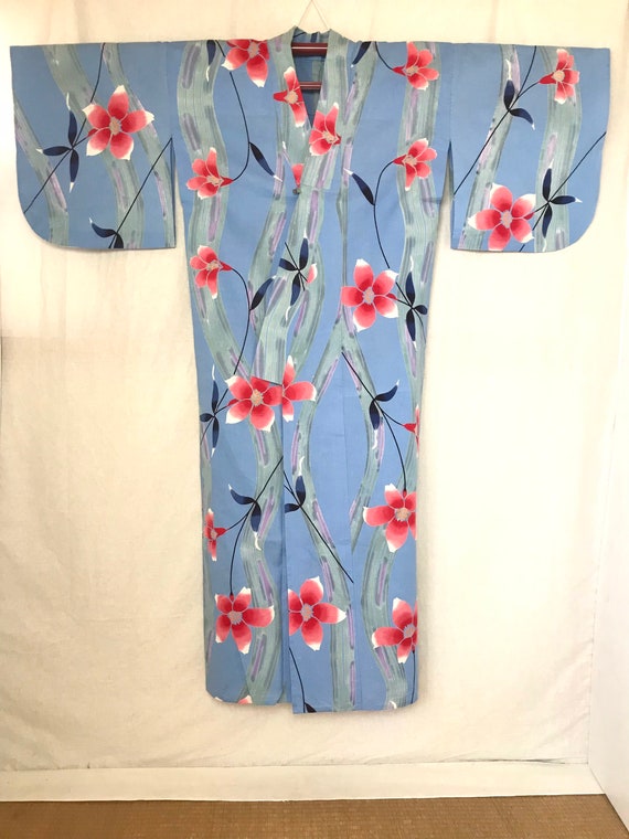 Yukata Kimono Dress Japanese Pale Blue Floral Cot… - image 5