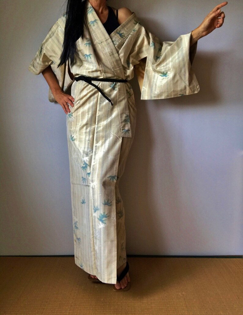 Bridesmaids Robe Asian Robe Vintage Japanese Kimono Cream Kimono M Bamboo Pattern Kimono Robe Long Boho Kimono Ladies Kimono