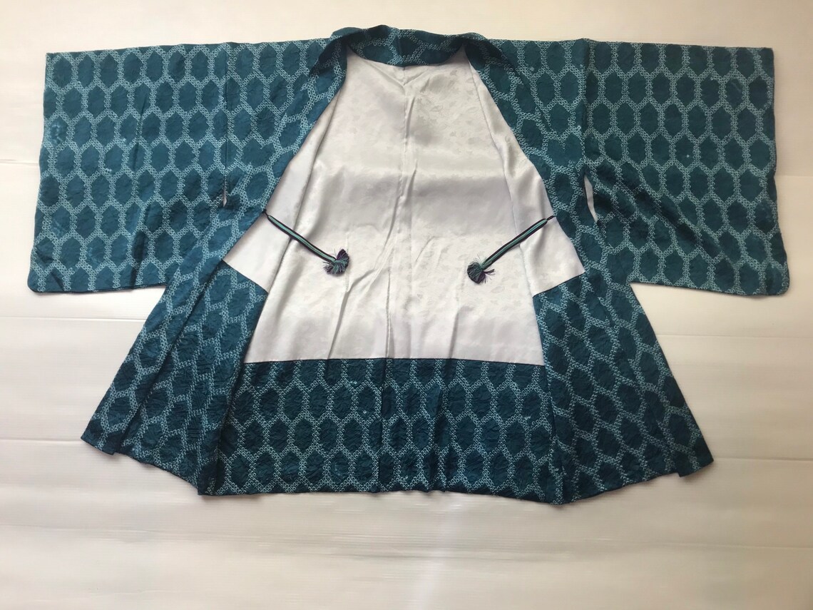 Silk Kimono Jacket Shibori Haori Vintage Japanese Robe Teal image 7