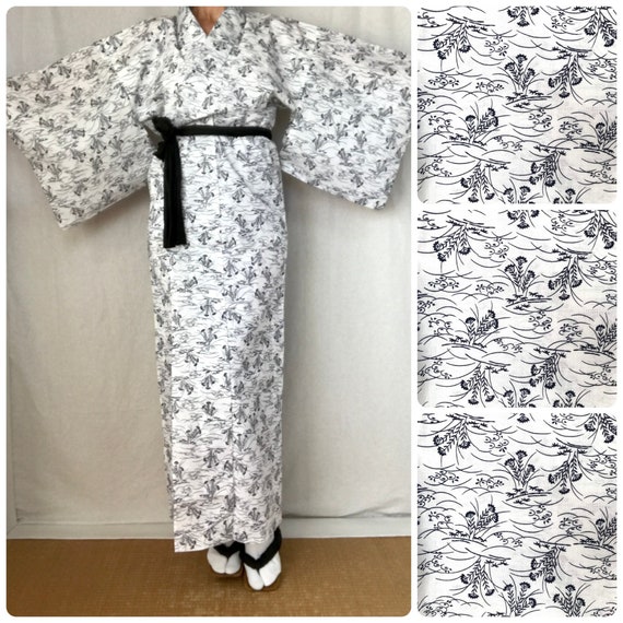 Japanese Yukata Kimono Dress White & Indigo Cotto… - image 1