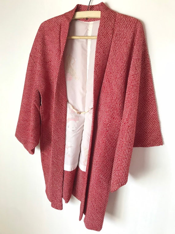 Shibori Silk Haori Kimono Jacket Red Excellent Vi… - image 6