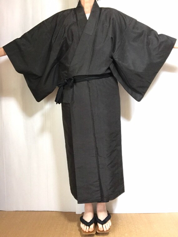 Men’s Japanese Kimono Robe Brown & Navy Blue Pinst