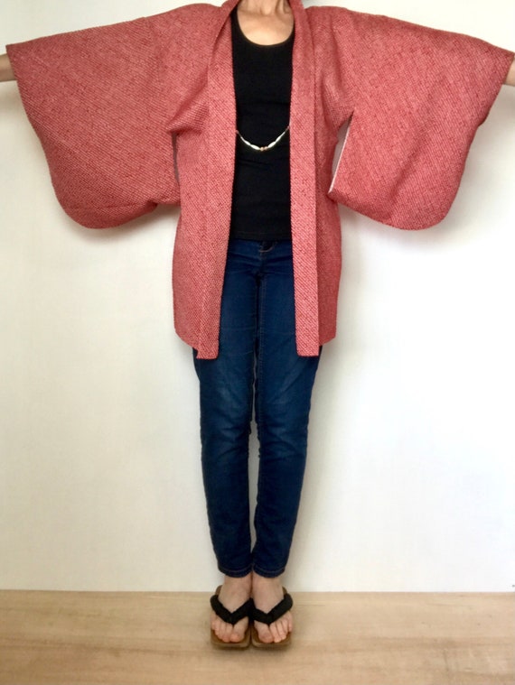 Shibori Silk Haori Kimono Jacket Red Excellent Vi… - image 2