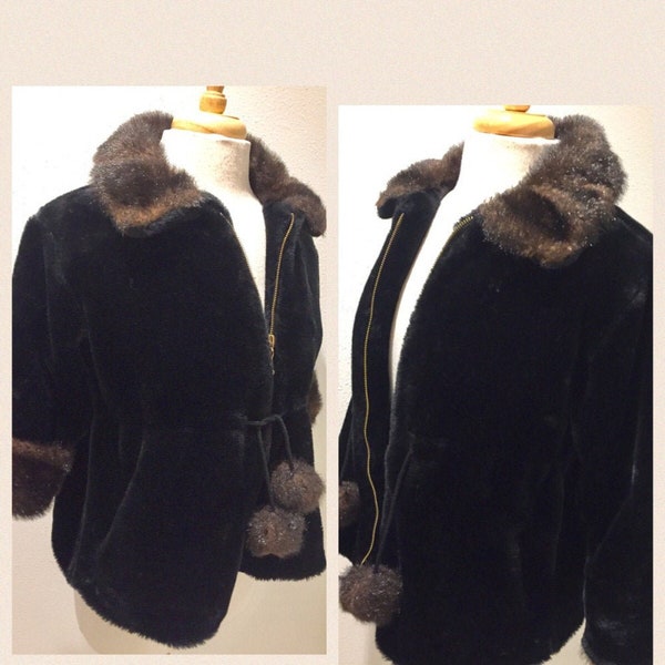 Oleg Cassini Black with Brown Faux Fur / Collar / Cuffs / Cropped / Zip Front Winter Jacket Ladies Size 4