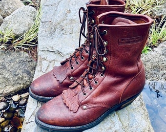 Brown Leather 'Justin Roper Style' High Ankle Packer Work Boots / Kiltie Lace up Men's Boots Size UK 10 / US 10 1/2