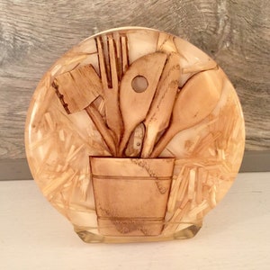 Mid-Century Lucite Wood Kitchen Utensils Round Shaped Napkin Holder