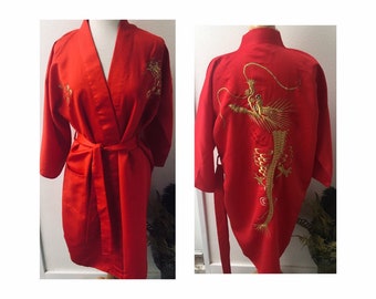 Dramatic Red 100% Polyester / Gold Embroidered Dragon Short Robe, by Excellent Quality Women's Size Medium