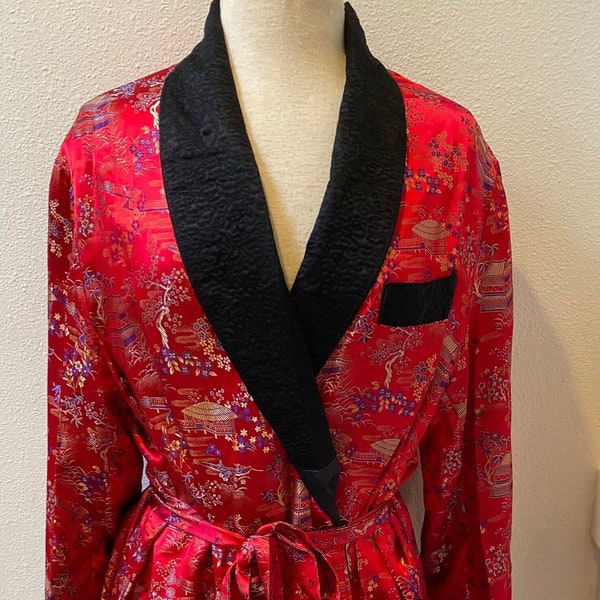 Vintage Asian Long Red with Black Trim Smoking Robe Lounging Robe Size M