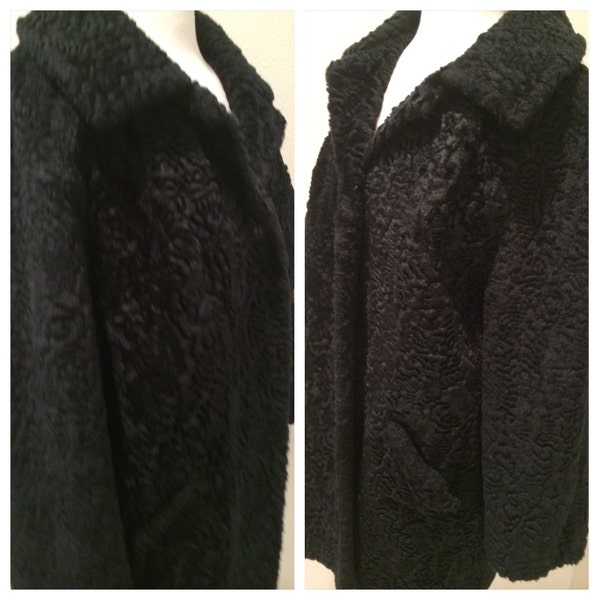 Vintage 50's  Black Lambs Wool 3/4 Length Coat by Item House Tacoma, Washington Size Large,  X Large - 16 - 18