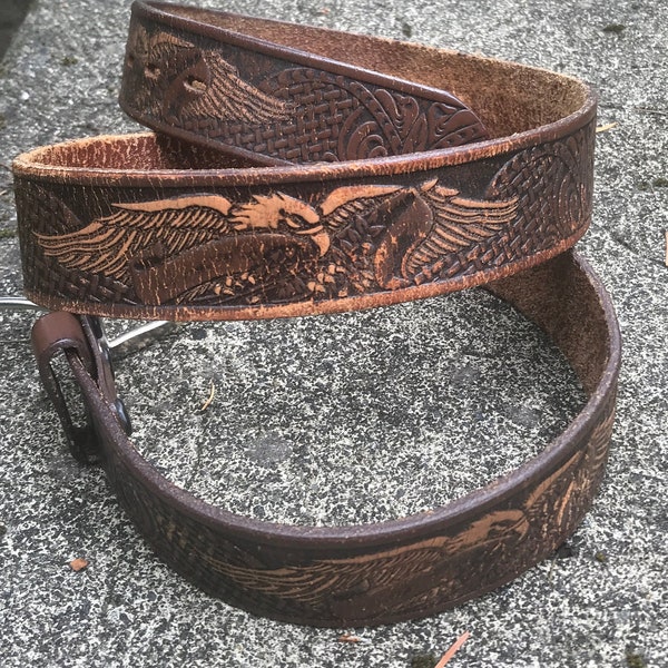 Patriotic Hand Tooled / Eagle Design Brown and Tan Leather Belt Size 38