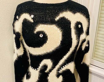 Vintage 80s Angora Knit Sweater: Eddie Dassen Black & White Sequin Pullover