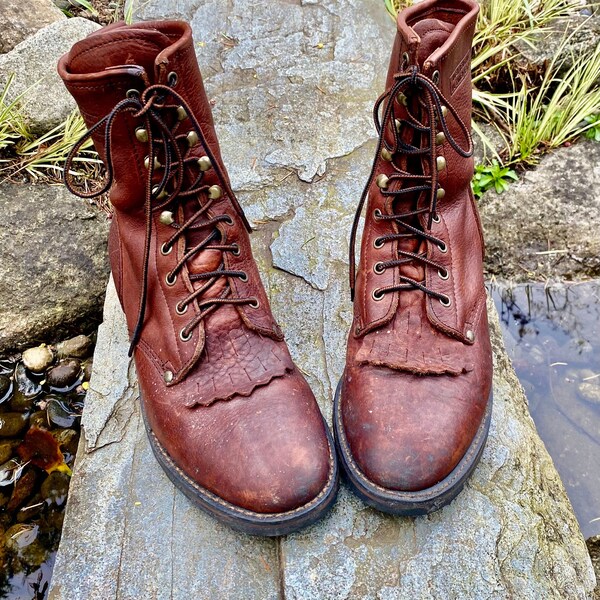 Brown Leather 'Justin Roper Style' High Ankle Packer Work Boots / Kiltie Lace up Men's Boots Size UK 10 / US 10 1/2