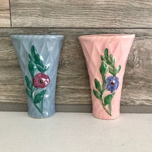 Mid-Century Ceramic Wall Planters: Pink & Blue Floral Vases