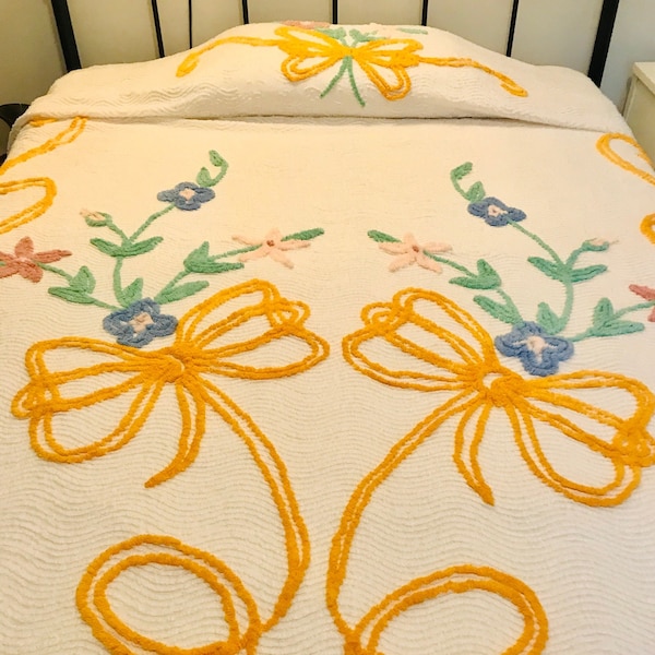 Mid Century Mustard Yellow Bows / Blue, Rose, Pink, Floral Bedspread 86" x 98" Full Size