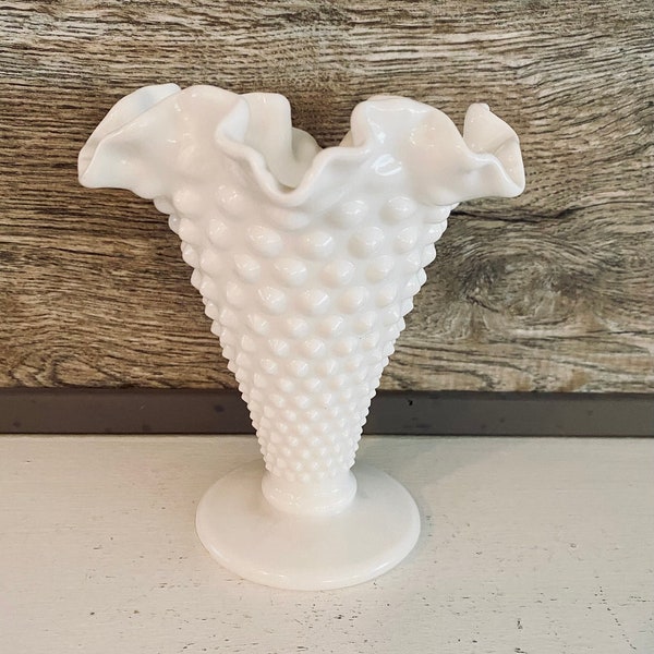 Charming 'Fenton' MCM Hobnail Milk Glass Ruffled / Crimped / Cottage Core Vase
