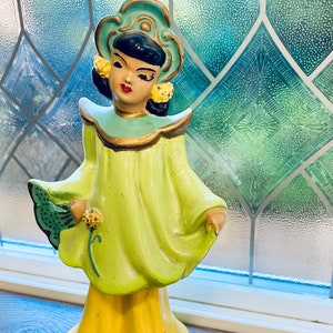 Art Deco / Hollywood Regency / Asian Geisha Girl Pottery Figurine  Height is 8 1/2&quot;