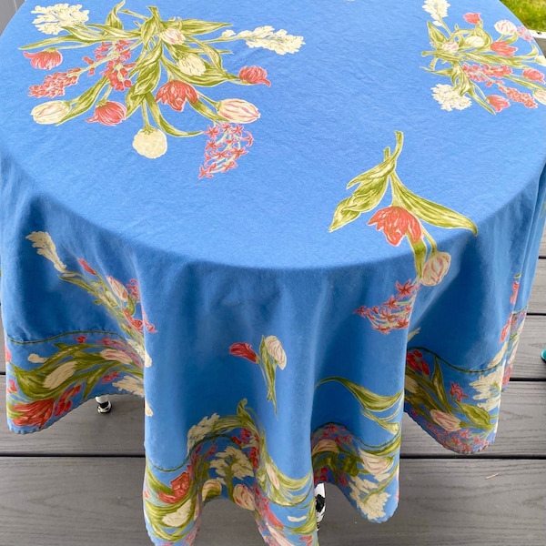 Beautiful Handsewn Square Blue Floral Tablecloth 52" x 56"