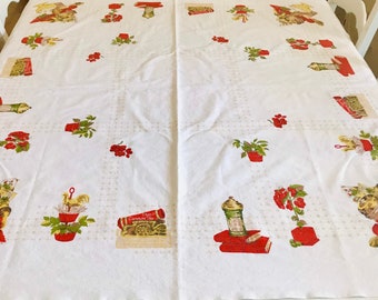 Mid- Century Rectangular Red / Brown / Yellow / White Tablecloth 48" x 52"