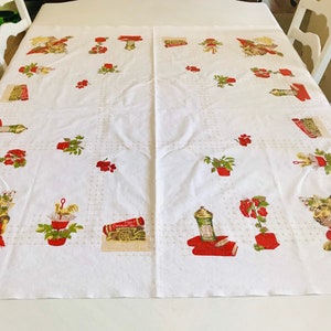 Mid- Century Rectangular Red / Brown / Yellow / White Tablecloth 48&quot; x 52&quot;