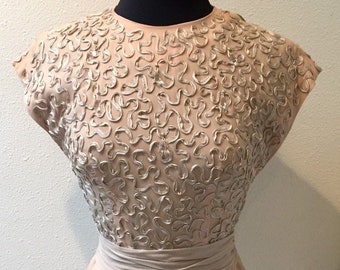 Vintage 'Karen Fay' Champagne Dress: Ribbon Work Bodice, Sash Belt - Size Small