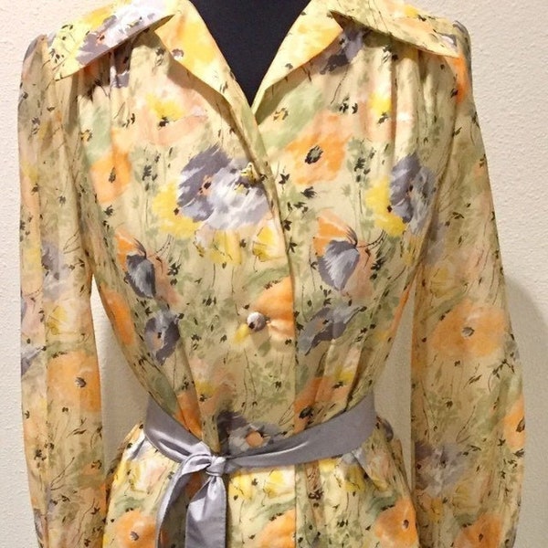 1960's Poppies Floral Meadow Pattern /Orange / Gray / Yellow Chiffon / Long / Hostess Gown / Shirt Dress Size Small / Medium