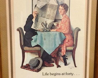 Norman Rockwell 'Life Begins at Forty' At the Breakfast Table / 40th Birthday Gift / 9.5 x 11.5