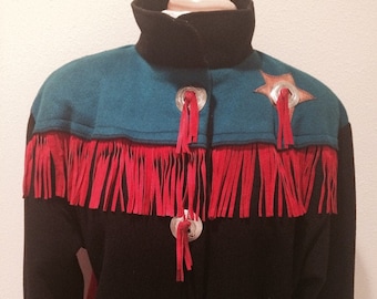 Country Western / Fringed Rodeo Jacket / Red / Black Blue Wool with Red Suede Fringe Leather Jacket Women's Size Large