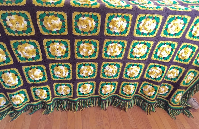Hand Crochet GreenBrown with Yellow Rosettes Fringed Granny Square AfghanThrowBlanketBedspread