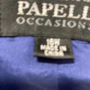 May include: A black label with white text that reads "Adrianna Papell Occasions" and a smaller label that reads "16W Made in China". The labels are on a blue fabric background.