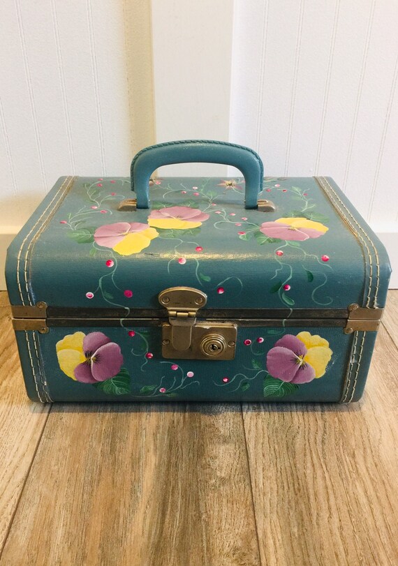 Fabulous Teal Blue Train Case /Tole Painted Pansie