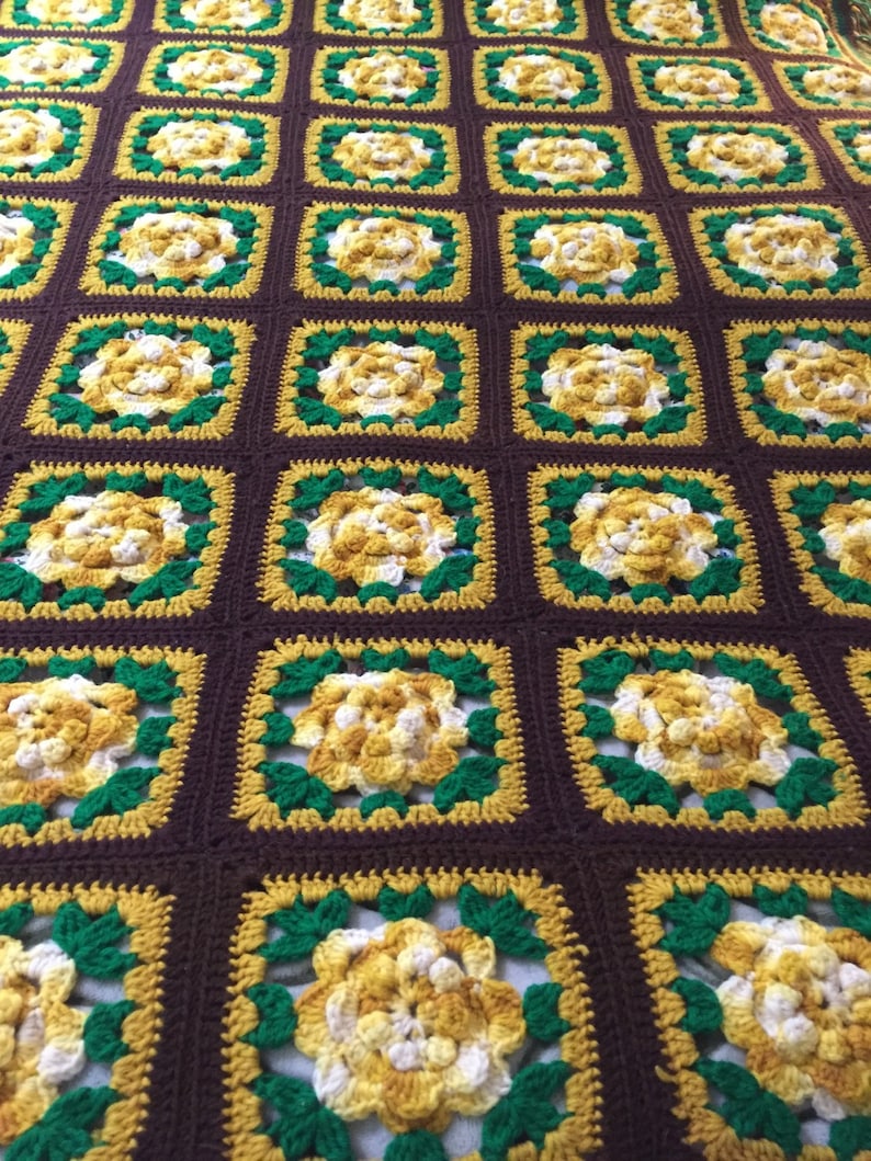 Hand Crochet GreenBrown with Yellow Rosettes Fringed Granny Square AfghanThrowBlanketBedspread