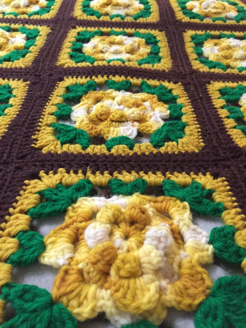 Hand Crochet GreenBrown with Yellow Rosettes Fringed Granny Square AfghanThrowBlanketBedspread