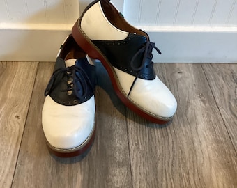 Vintage "School Issue" Black & White Perforated Leather Saddle Shoes Women's Size 8